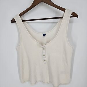 Old Navy White Waffle Knit Cropped Henley Y2K Med